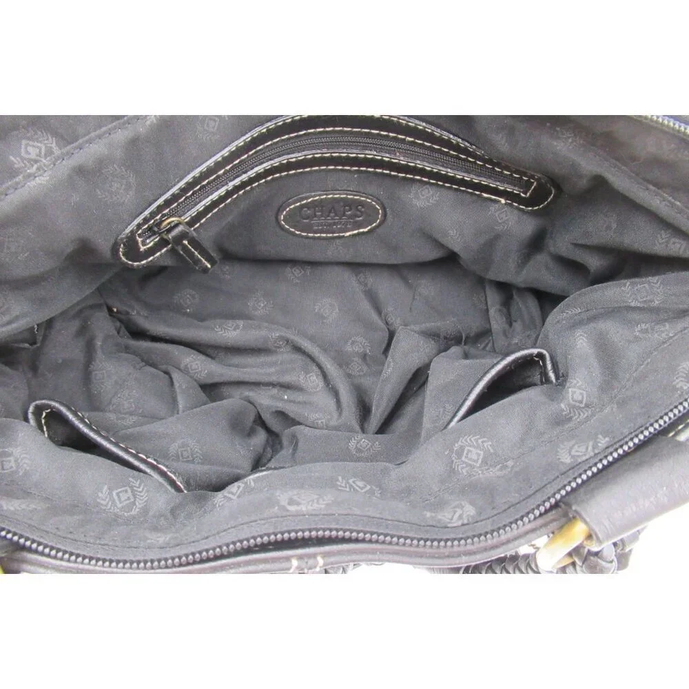 Chaps Black Pebble Leather Shoulder Bag Purse Braided Strap Drawstring Classic